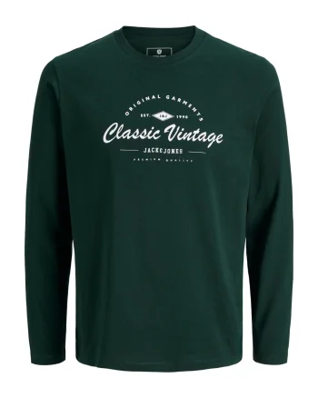 Jack & Jones Tricou baieti, cu maneca lunga, la baza gatului din bumbac organic, Regular fit, Verde inchis (SELECTATI MARIMEA: 140 cm)