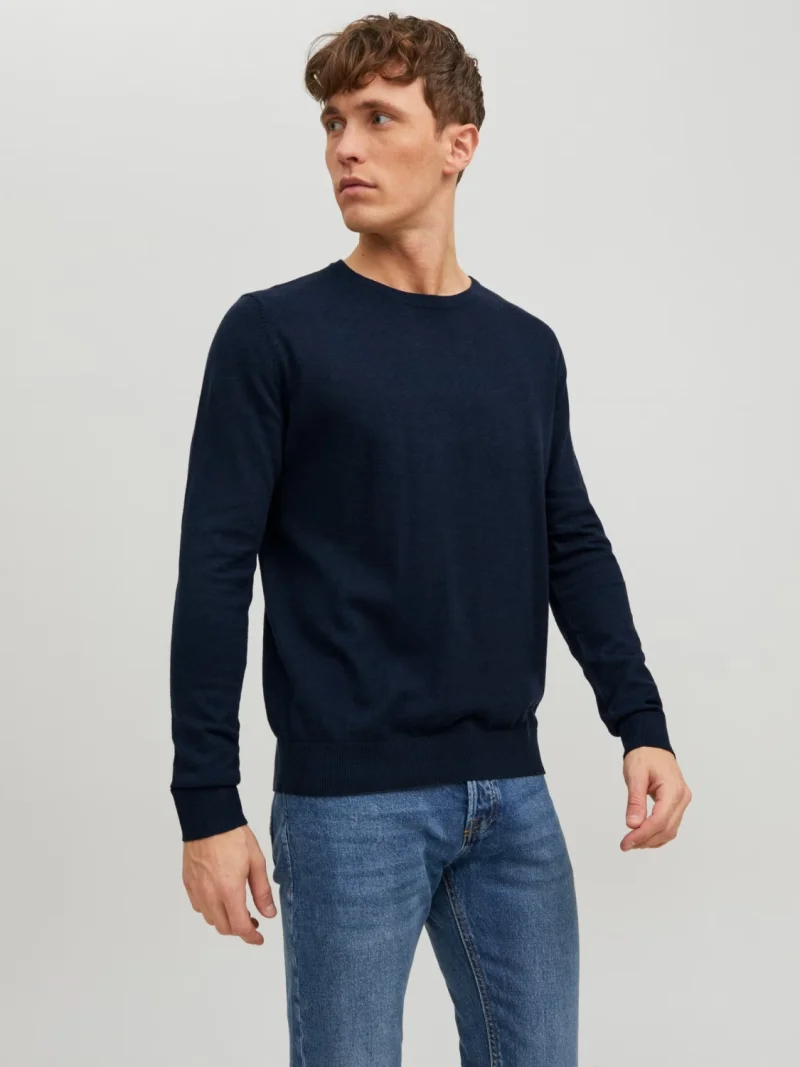 Jack & Jones Pulover tricotat barbati, cu decolteu la baza gatului, JJEEMIL, Bleumarin inchis (SELECTATI MARIMEA: XS)