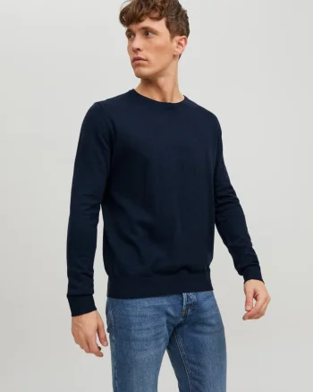 Jack & Jones Pulover tricotat barbati, cu decolteu la baza gatului, JJEEMIL, Bleumarin inchis (SELECTATI MARIMEA: XS)