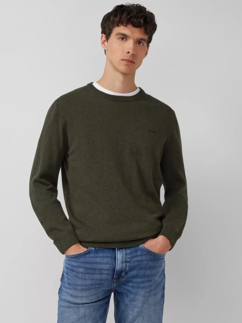 s.Oliver Pulover barbati cu decolteu la baza gatului, din bumbac, Regular fit, Verde masliniu (SELECTATI MARIMEA: S)