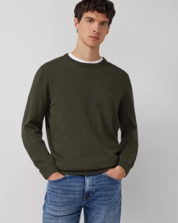 s.Oliver Pulover barbati cu decolteu la baza gatului, din bumbac, Regular fit, Verde masliniu (SELECTATI MARIMEA: S)