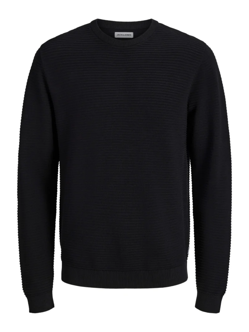 Jack & Jones Pulover barbati din bumbac organic, decolteu la baza gatului, Regular Fit, JJEBRODY, Negru (SELECTATI MARIMEA: S)