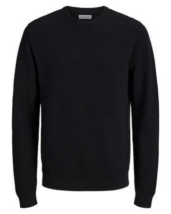 Jack & Jones Pulover barbati din bumbac organic, decolteu la baza gatului, Regular Fit, JJEBRODY, Negru (SELECTATI MARIMEA: S)