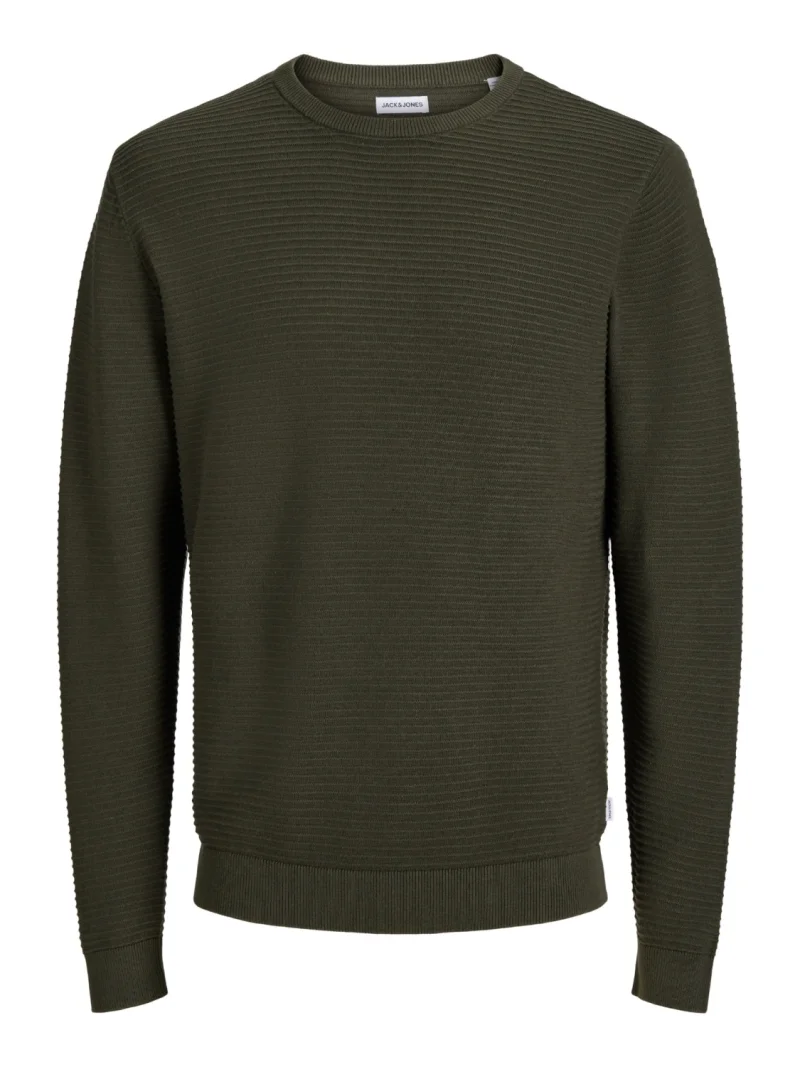 Jack & Jones Pulover barbati din bumbac organic, decolteu la baza gatului, Regular Fit, JJEBRODY, Verde inchis (SELECTATI MARIMEA: XS)