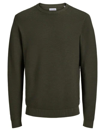Jack & Jones Pulover barbati din bumbac organic, decolteu la baza gatului, Regular Fit, JJEBRODY, Verde inchis (SELECTATI MARIMEA: XS)