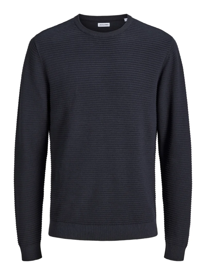 Jack & Jones Pulover barbati din bumbac organic, decolteu la baza gatului, Regular Fit, JJEBRODY, Bleumarin inchis (SELECTATI MARIMEA: S)