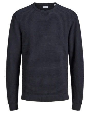 Jack & Jones Pulover barbati din bumbac organic, decolteu la baza gatului, Regular Fit, JJEBRODY, Bleumarin inchis (SELECTATI MARIMEA: S)