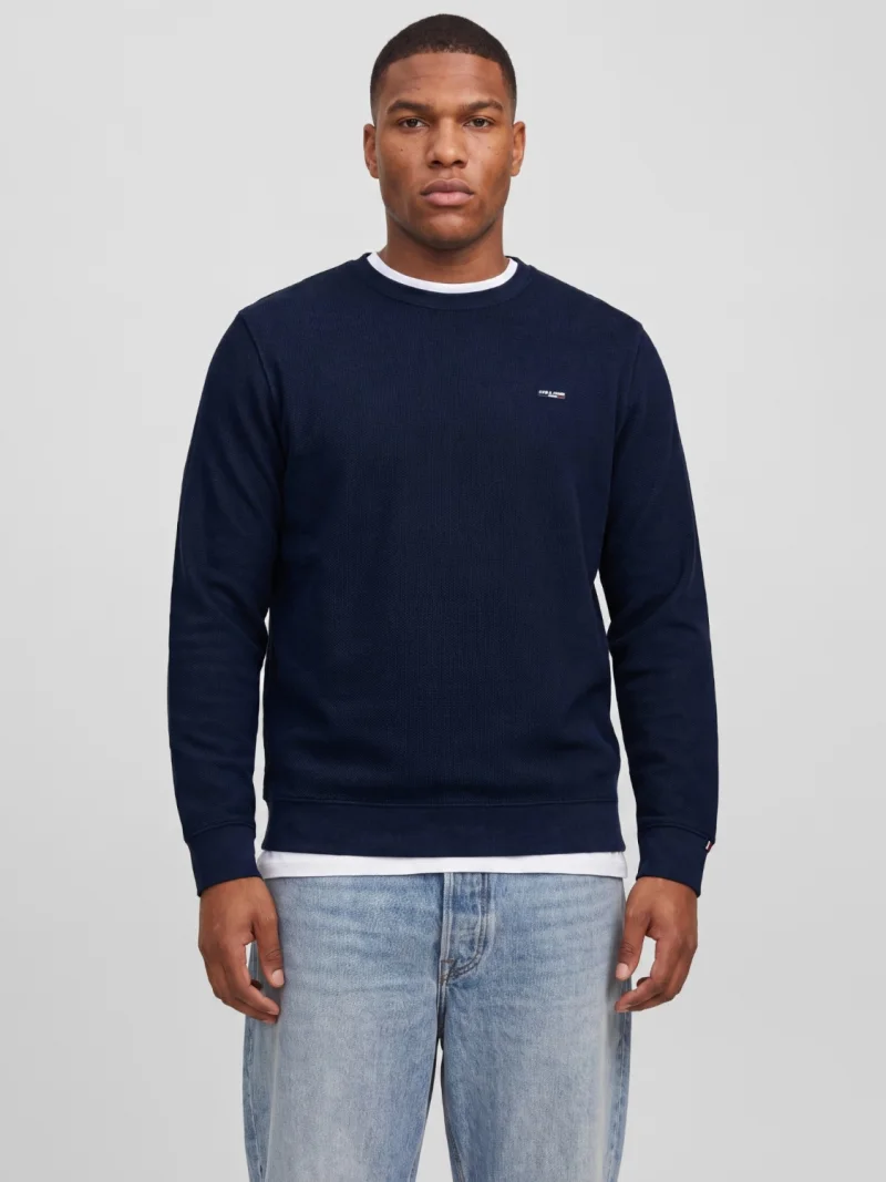 Jack & Jones Plus Pulover barbati din bumbac organic, decolteu la baza gatului, Regular Fit, JPRBLUALVES, Bleumarin inchis (SELECTATI MARIMEA: 3XL)