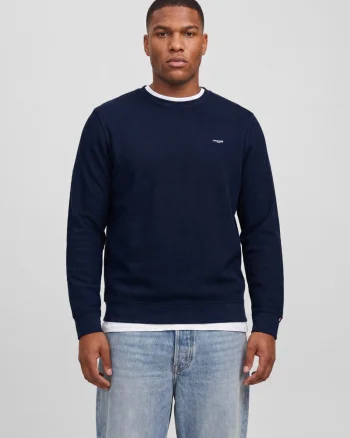 Jack & Jones Plus Pulover barbati din bumbac organic, decolteu la baza gatului, Regular Fit, JPRBLUALVES, Bleumarin inchis (SELECTATI MARIMEA: 3XL)