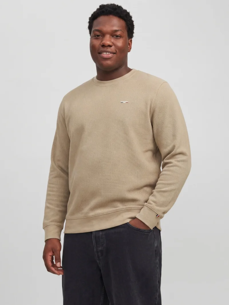 Jack & Jones Plus Pulover barbati din bumbac organic, decolteu la baza gatului, Regular Fit, JPRBLUALVES, Bej (SELECTATI MARIMEA: 3XL)