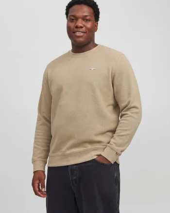 Jack & Jones Plus Pulover barbati din bumbac organic, decolteu la baza gatului, Regular Fit, JPRBLUALVES, Bej (SELECTATI MARIMEA: 3XL)