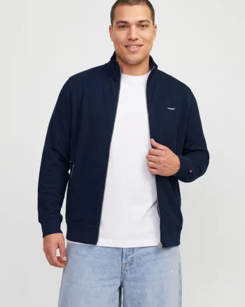 Jack & Jones Plus Cardigan tricotat barbati big sizes cu guler inalt, din bumbac organic, Regular fit, JPRBLUALVES, Bleumarin inchis (SELECTATI