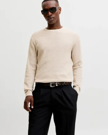 Jack & Jones Pulover tricotat barbati, din bumbac organic, Regular fit, JAURYDER, Bej (SELECTATI MARIMEA: XS)