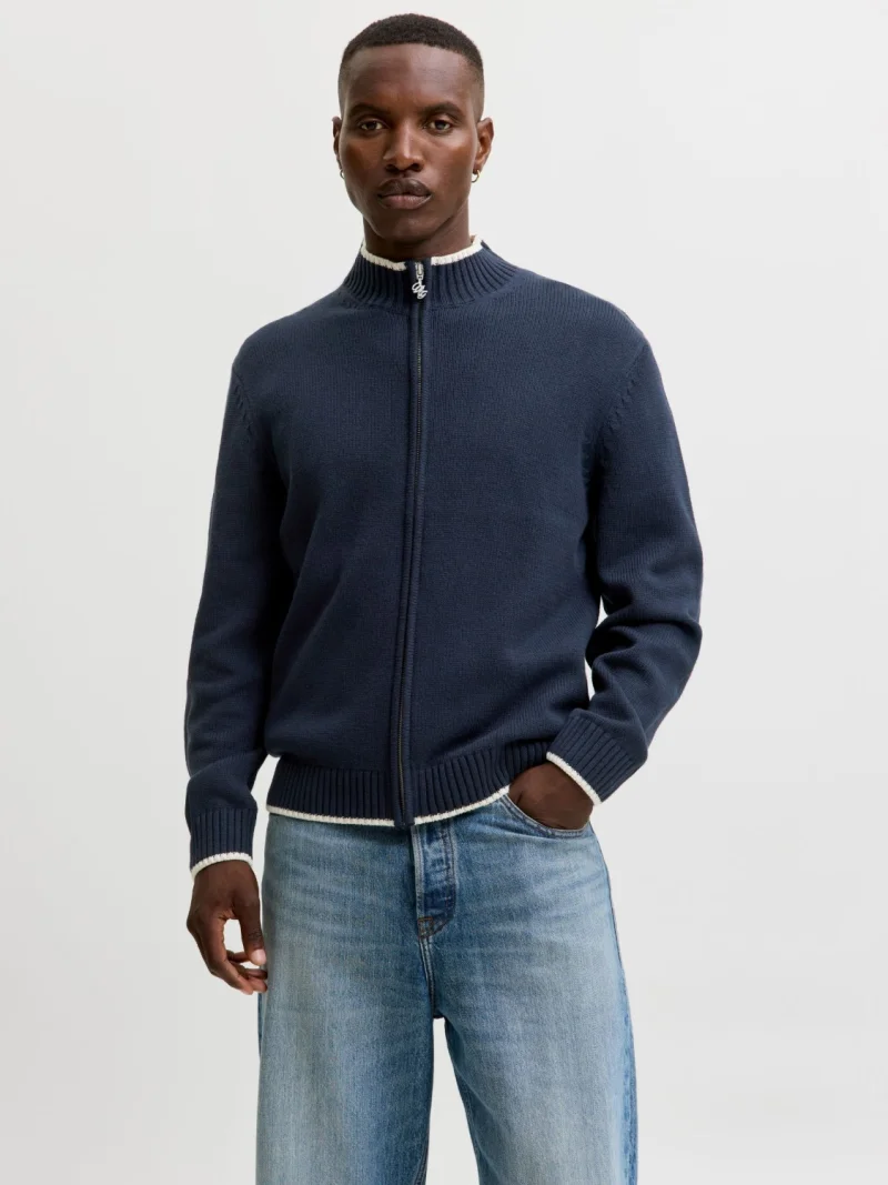 Jack & Jones Cardigan tricotat barbati cu guler inalt si detalii contraste, JORFREDERIKSBERG, Bleumarin inchis (SELECTATI MARIMEA: L)