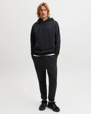 Jack & Jones Set trening barbati, format din hanorac cu gluga, fara fermoar si pantaloni lungi, Relaxed Fit, JJEBRADLEY, Negru (SELECTATI MARIMEA: M)