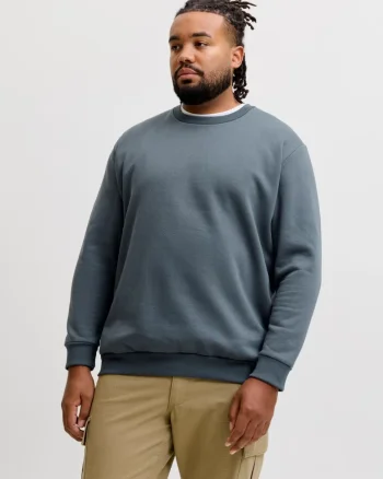 Jack & Jones Plus Bluza barbati big sizes, cu decolteu la baza gatului, Relaxed Fit, JJEBRADLEY, Gri albastrui (SELECTATI MARIMEA: 7XL)