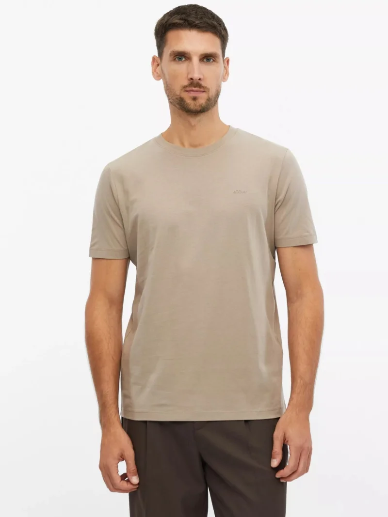 s.Oliver Tricou barbati din bumbac, cu decolteu la baza gatului, Regular fit, Maro deschis (SELECTATI MARIMEA: S)
