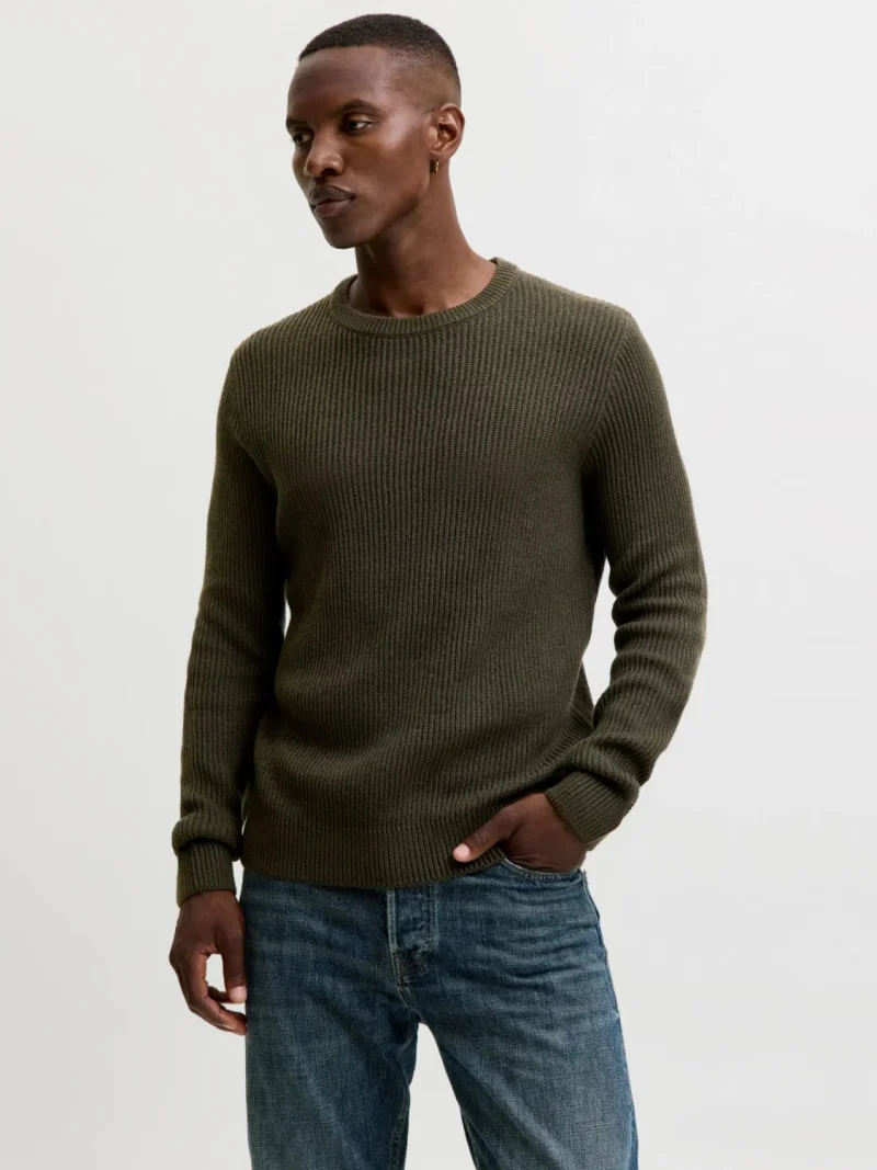 Jack & Jones Pulover tricotat barbati, decolteu la baza gatului, Regular Fit, JJPANNEL, Verde inchis (SELECTATI MARIMEA: S)