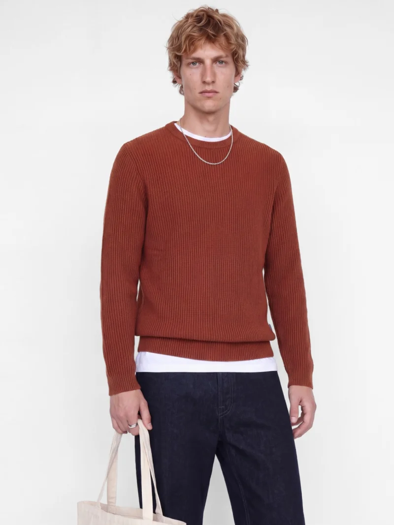 Jack & Jones Pulover tricotat barbati, decolteu la baza gatului, Regular Fit, JJPANNEL, Caramiziu (SELECTATI MARIMEA: S)