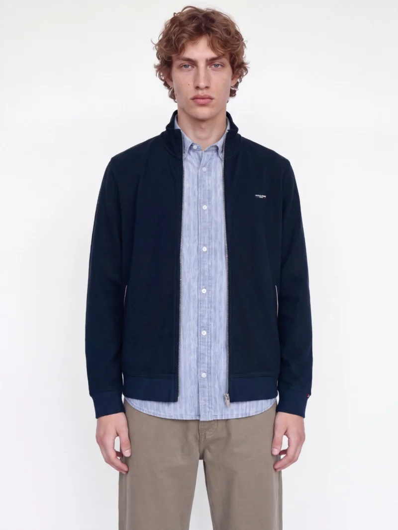 Jack & Jones Cardigan tricotat barbati, din bumbac organic, Regular fit, JPRBLUALVES, Bleumarin inchis (SELECTATI MARIMEA: M)