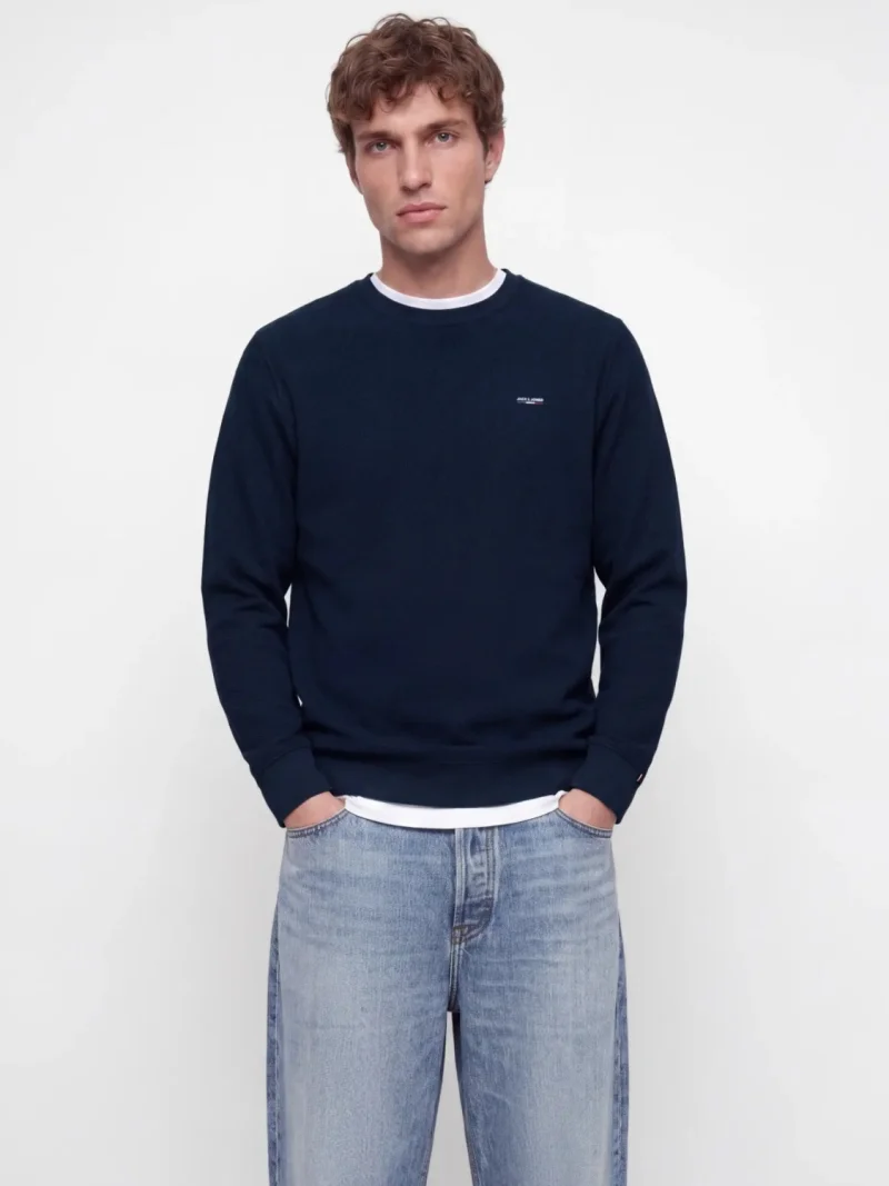 Jack & Jones Pulover barbati din bumbac organic, decolteu la baza gatului, Regular Fit, JPRBLUALVES, Bleumarin inchis (SELECTATI MARIMEA: S)