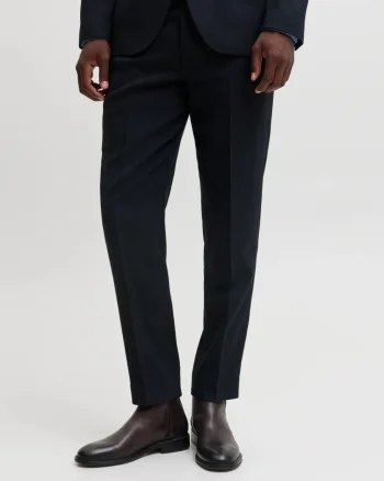 Jack & Jones Pantaloni costum barbati, din amestec de lana, cu talia medie, Slim fit, JPRSOLARIS, Bleumarin inchis (SELECTATI MARIMEA: 46)