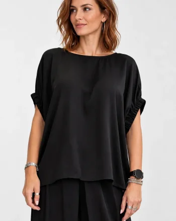 Bluza eleganta din satin de matase si vascoza cu maneci drapate, negru