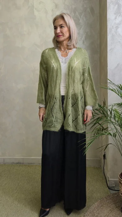 Cardigan lung din Kid Mohair cu tricot ajurat si cordon, verde olive