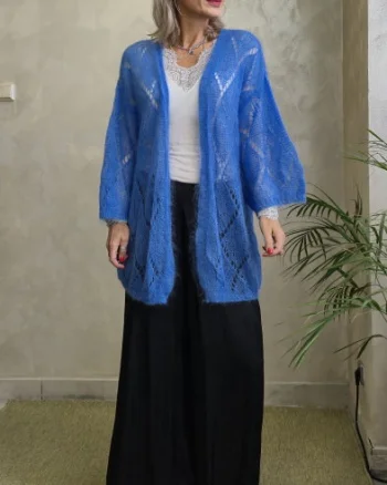 Cardigan lung din Kid Mohair cu tricot ajurat si cordon, albastru