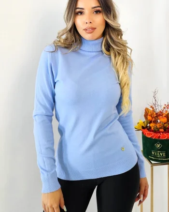 Pulover de dama, pe gat, PATY Roll, cu maneca lunga si texturi rib, Bleu, Marime S/M