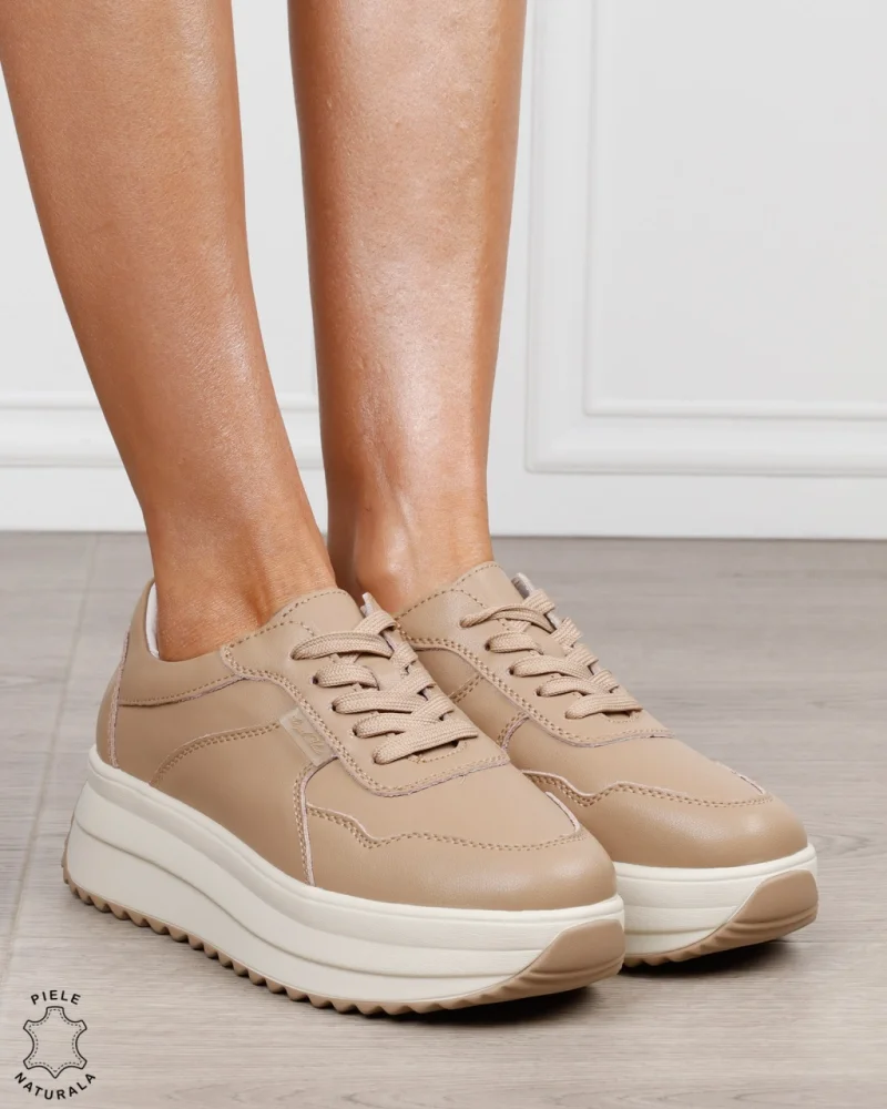 Pantofi sport damă din piele naturală cu talpă înaltă și design modern CRL1881 KHAKI