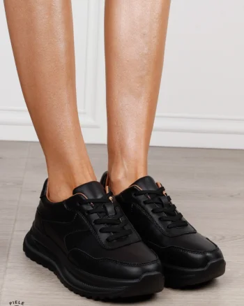 Pantofi sport damă din piele naturală cu talpă înaltă CRL1864 NEGRU