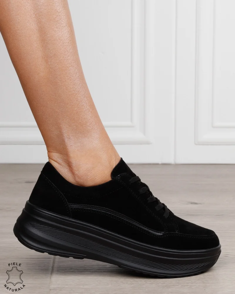 Pantofi sport damă din piele naturală intoarsa stil clasic și versatil CRL1867 NEGRU