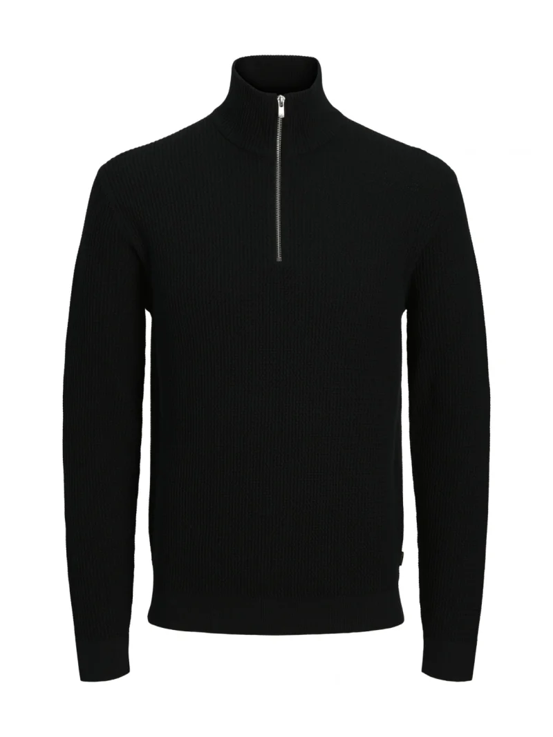 Jack & Jones Pulover barbati cu fermoar la baza gatului, din bumbac organic, JPRBLUSTANLEY, Negru (SELECTATI MARIMEA: XS)