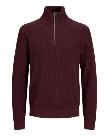 Jack & Jones Pulover barbati cu fermoar la baza gatului, din bumbac organic, JPRBLUSTANLEY, Bordeaux (SELECTATI MARIMEA: XS)