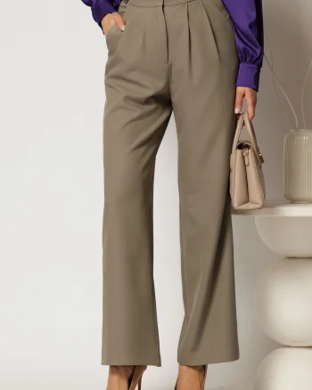 Pantaloni DY Fashion kaki cu croi larg si pliuri din talie