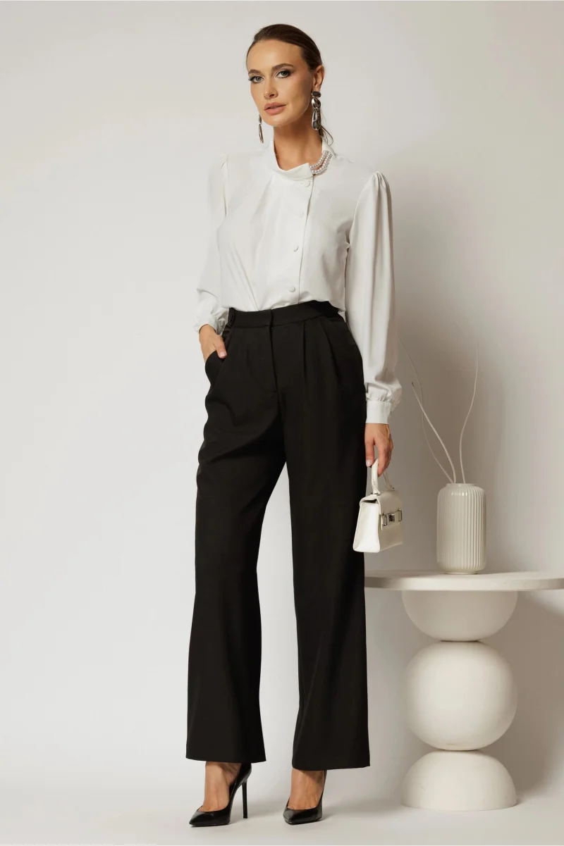 Pantaloni DY Fashion negri cu croi larg si pliuri din talie