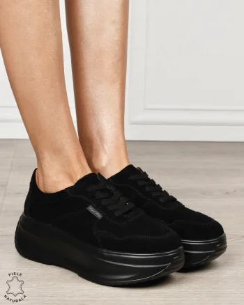 Pantofi sport damă din piele naturală întoarsă cu talpă înaltă CRL1862 NEGRU