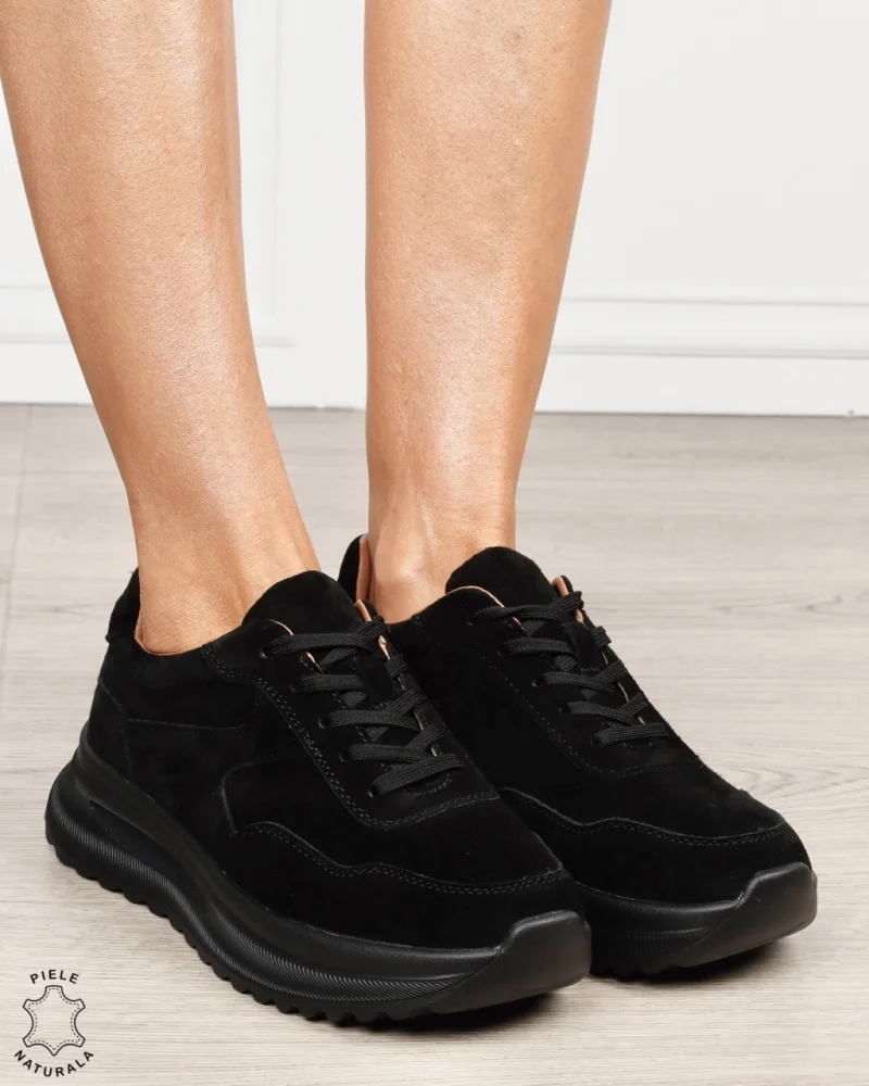 Pantofi sport damă din piele naturală Intoarsa cu talpă înaltă CRL1864 NEGRU