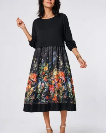 Rochie midi dama din jerseu si satin de matase cu imprimeu floral multicolor pe fond negru