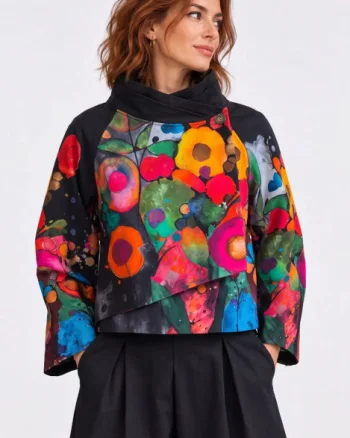 Jacheta scurta petrecuta cu imprimeu floral abstract multicolor, negru