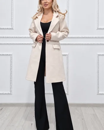 Jacheta lunga dama SORVELIA, cu revere si inchidere cu un nasture, Alb prafuit, Marime One size S/M/L