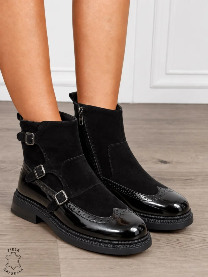 Ghete damă din piele naturală cu trei catarame decorative CRL1855 NEGRU