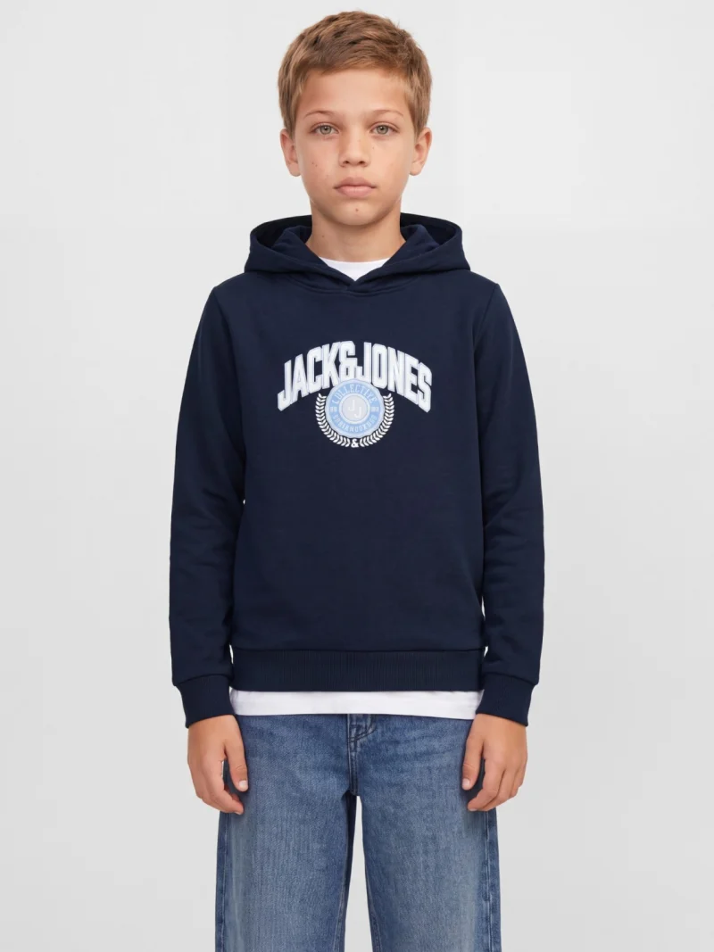 Jack & Jones Hanorac baieti, Regular Fit, fara buzunare, cu imprimeu cu logo, JJCOLLEGEY, Bleumarin inchis (SELECTATI MARIMEA: 140 cm)