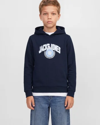 Jack & Jones Hanorac baieti, Regular Fit, fara buzunare, cu imprimeu cu logo, JJCOLLEGEY, Bleumarin inchis (SELECTATI MARIMEA: 140 cm)