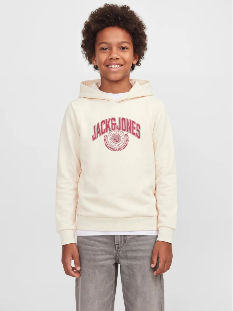 Jack & Jones Hanorac baieti, Regular Fit, fara buzunare, cu imprimeu cu logo, JJCOLLEGEY, Crem (SELECTATI MARIMEA: 140 cm)
