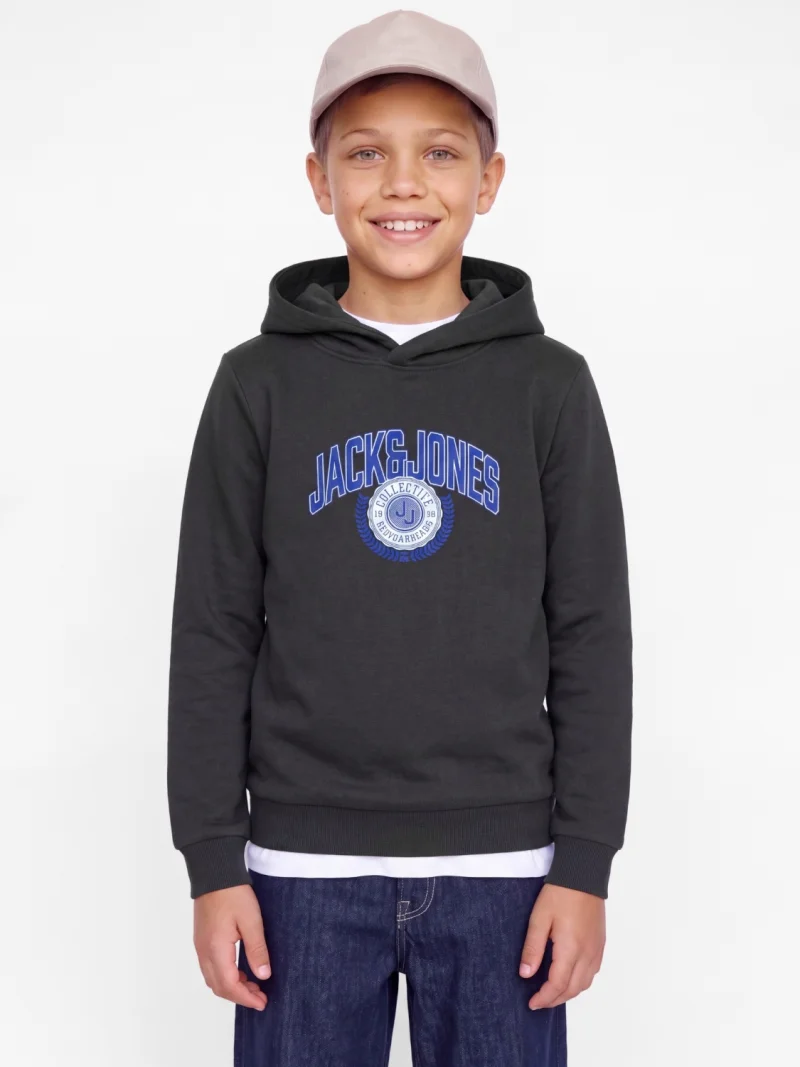 Jack & Jones Hanorac baieti, Regular Fit, fara buzunare, cu imprimeu cu logo, JJCOLLEGEY, Gri inchis (SELECTATI MARIMEA: 140 cm)