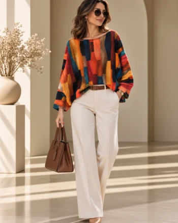 Bluza cu maneca fluture si imprimeu pictural cu model geometric portocaliu, rosu si albastru