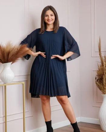 Rochie bleumarin din voal plisat cu maneci 3 4 Tina