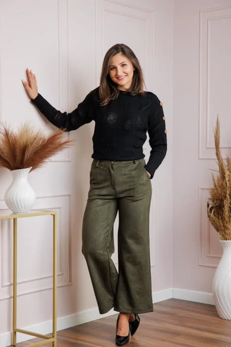 Pantaloni dama kaki din piele intoarsa ecologica Marion